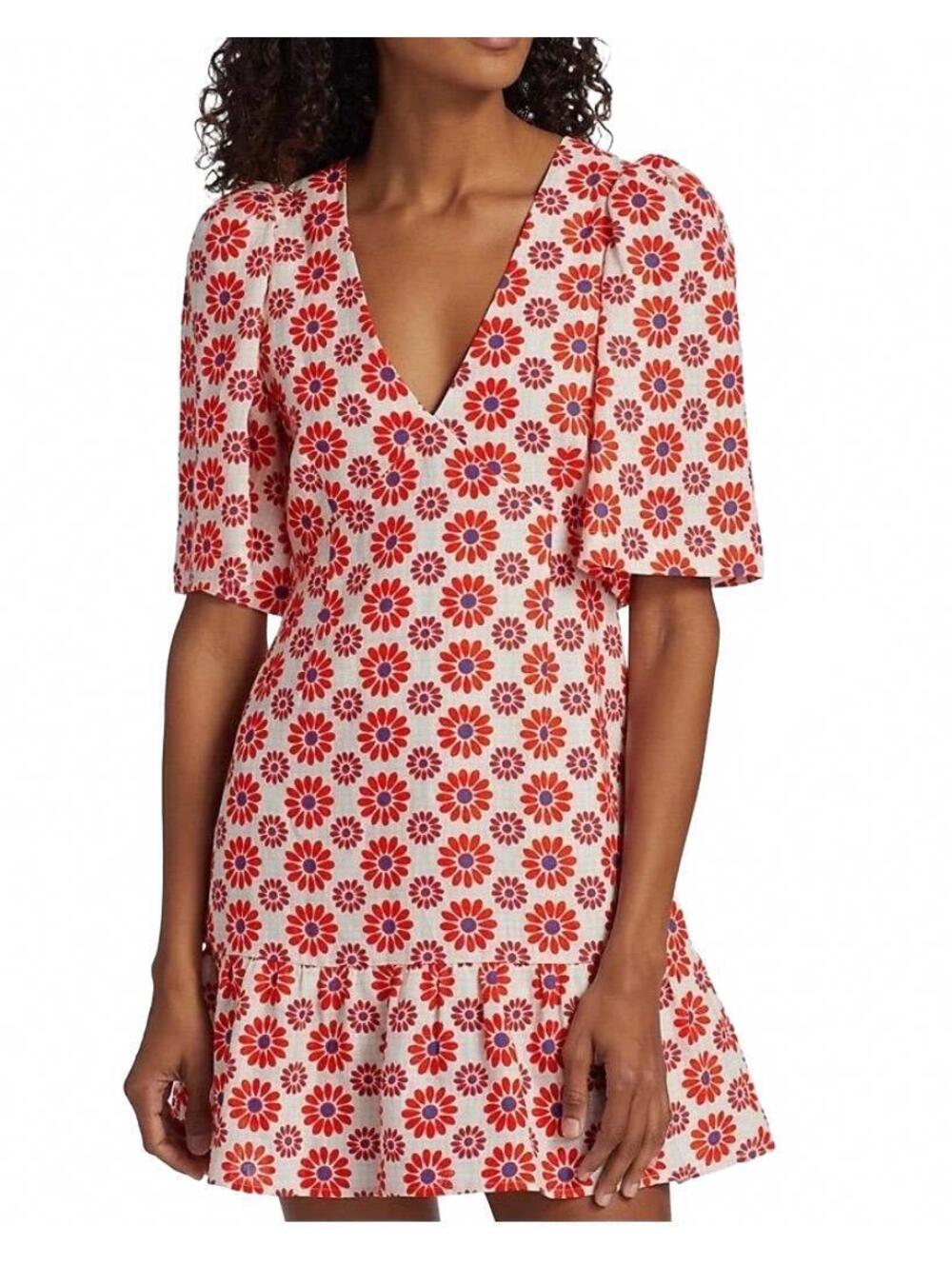 Rhode Floral Linen Mariana Mini Dress V Neck Empire Waist Pop Over Ruffle XL 12